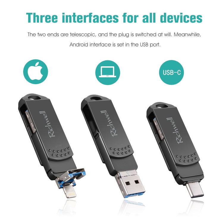 Richwell 16G Type-C + 8 broches + USB 3.0 Disque Flash Métallique Push-pull avec Fonction OTG