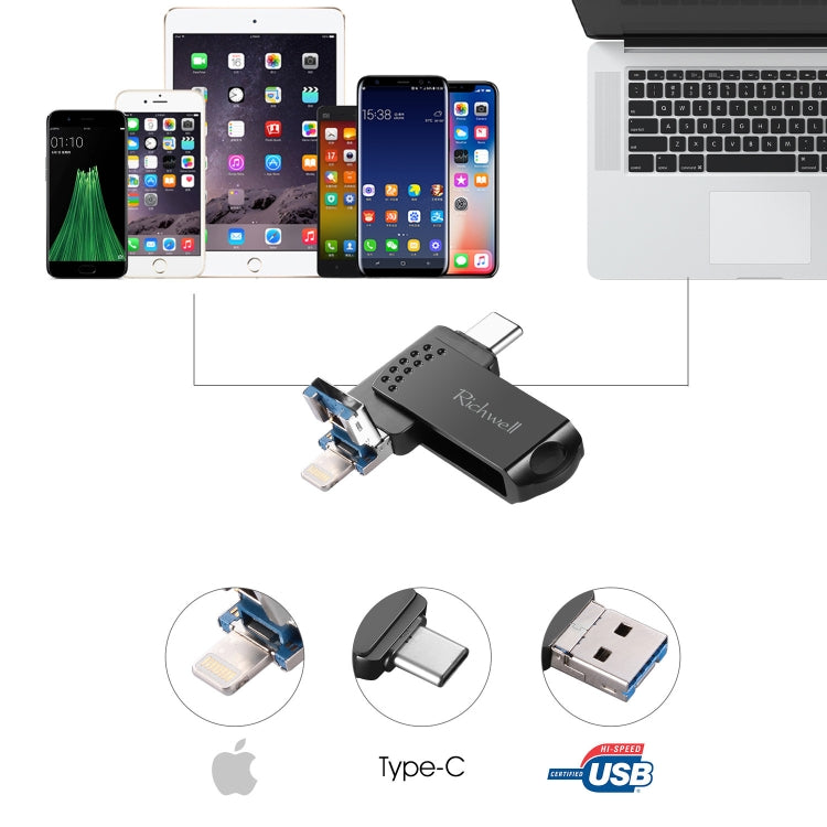 Richwell 16G Type-C + 8 broches + USB 3.0 Disque Flash Métallique Push-pull avec Fonction OTG