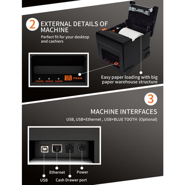 Imprimante thermique à reçus avec coupe automatique ZJ-8360 II USB et interface LAN 80mm, ZJ-8360 II USB et LAN