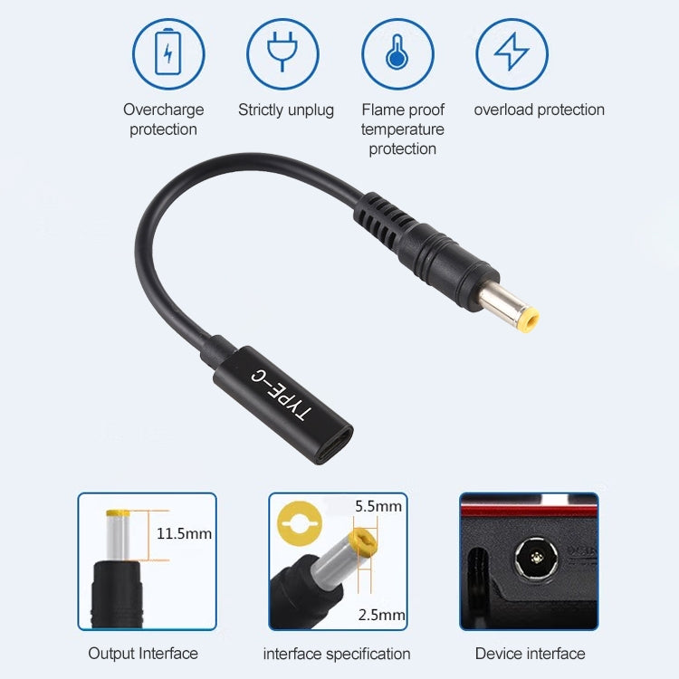 Câble chargeur adaptateur secteur DP USB-C / Type-C vers 5.5 x 2.5mm, 5.5 x 2.5mm