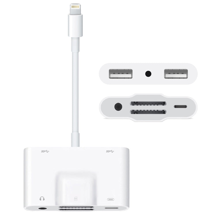 NK-1042 Adaptateur de caméra 6 en 1 8 broches mâle vers double USB + double carte SD + interface audio 3,5 mm + interface de charge 8 broches femelle