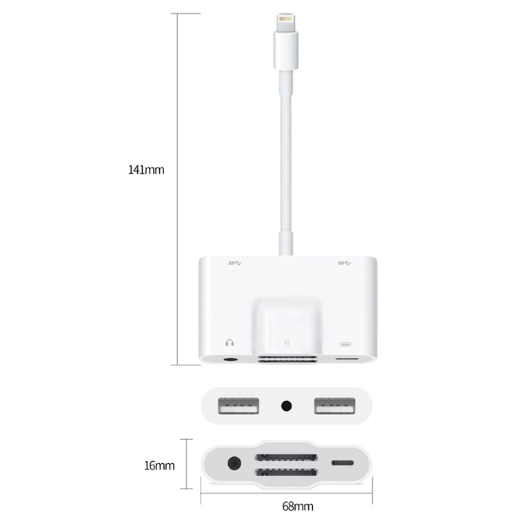 NK-1042 Adaptateur de caméra 6 en 1 8 broches mâle vers double USB + double carte SD + interface audio 3,5 mm + interface de charge 8 broches femelle