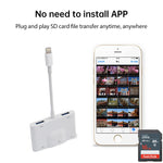 NK-1042 Adaptateur de caméra 6 en 1 8 broches mâle vers double USB + double carte SD + interface audio 3,5 mm + interface de charge 8 broches femelle