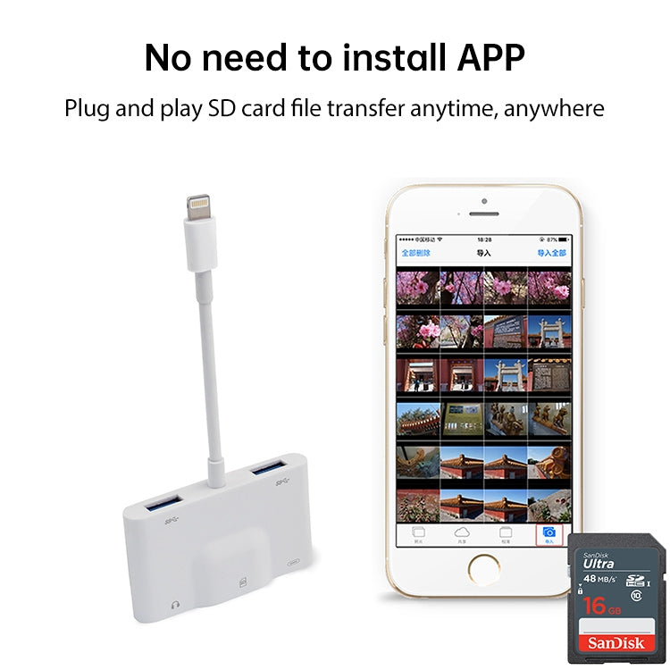 NK-1042 Adaptateur de caméra 6 en 1 8 broches mâle vers double USB + double carte SD + interface audio 3,5 mm + interface de charge 8 broches femelle