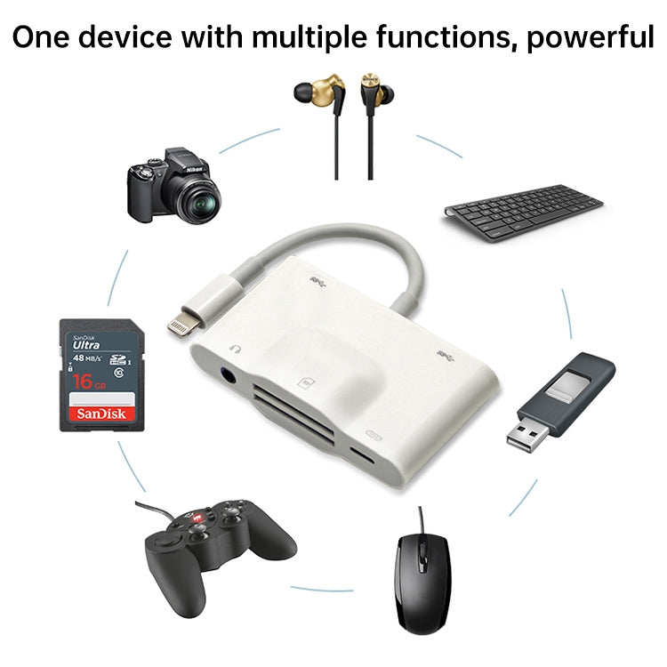 NK-1042 Adaptateur de caméra 6 en 1 8 broches mâle vers double USB + double carte SD + interface audio 3,5 mm + interface de charge 8 broches femelle