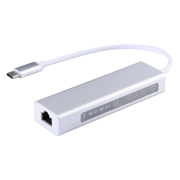 Boîtier en aluminium HUB 3 ports USB3.0 + adaptateur Ethernet Gigabit USB-C / Type-C, USB Type-C 1000Mbps