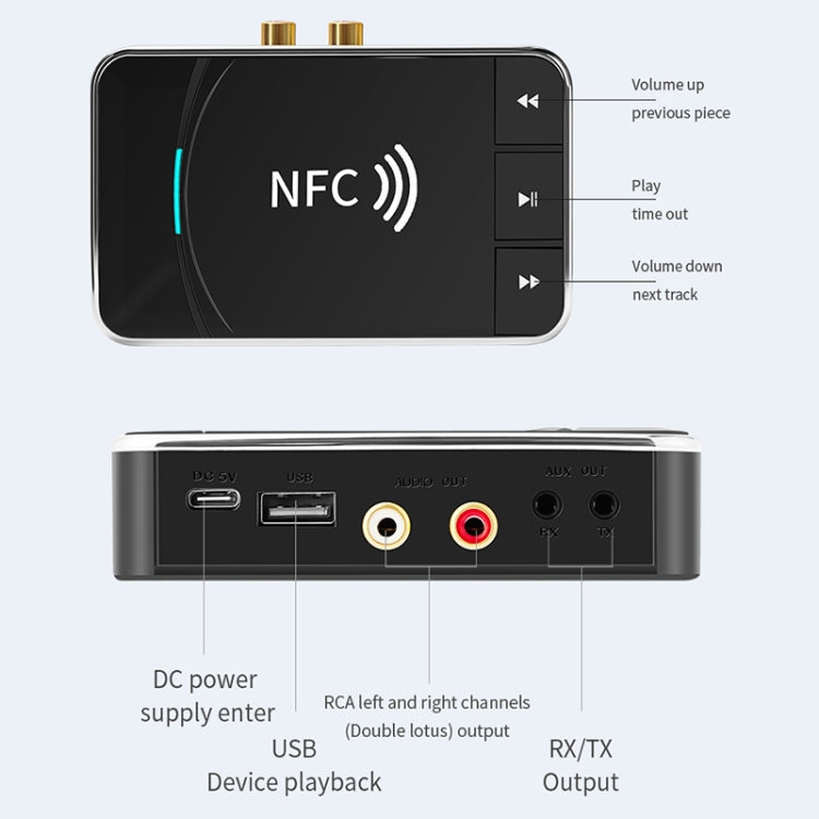 N100 NFC Adaptateur audio Bluetooth 5.0 pour voiture, récepteur et émetteur de bureau, haut-parleur Bluetooth, N100