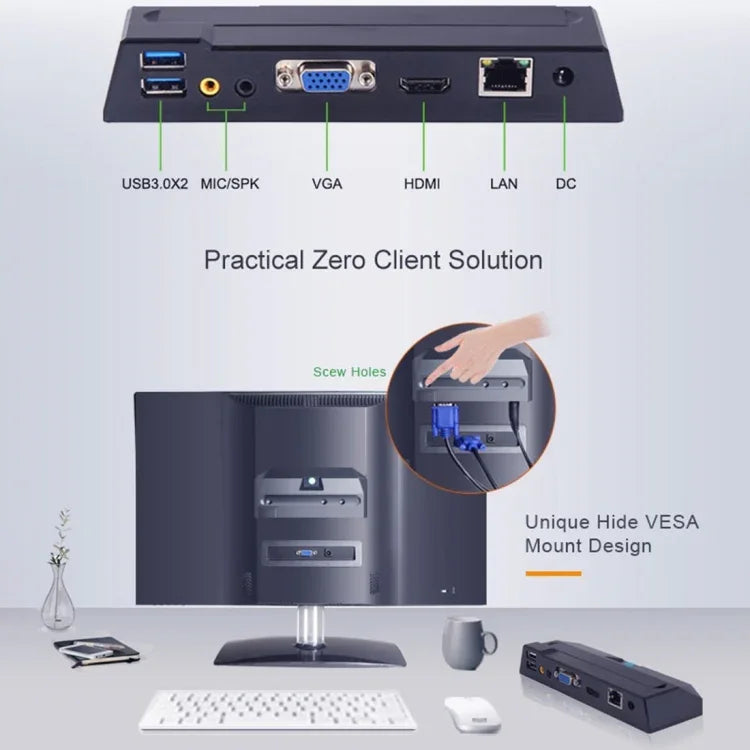 Zero Client R1W Mini PC, CORTEX QUAD A9 Quad Core jusqu'à 1.6GHz, RAM : 1GB, ROM : 8GB, support WiFi, HDMI, VGA, RJ45, SPK, version WiFi