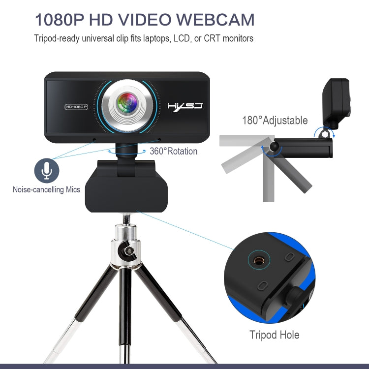 HXSJ S4 Webcam PC vidéo 1080P HD à mise au point manuelle réglable à 180 degrés avec microphone