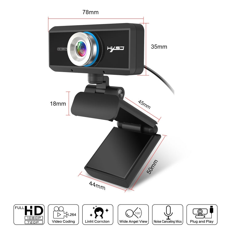 HXSJ S4 Webcam PC vidéo 1080P HD à mise au point manuelle réglable à 180 degrés avec microphone