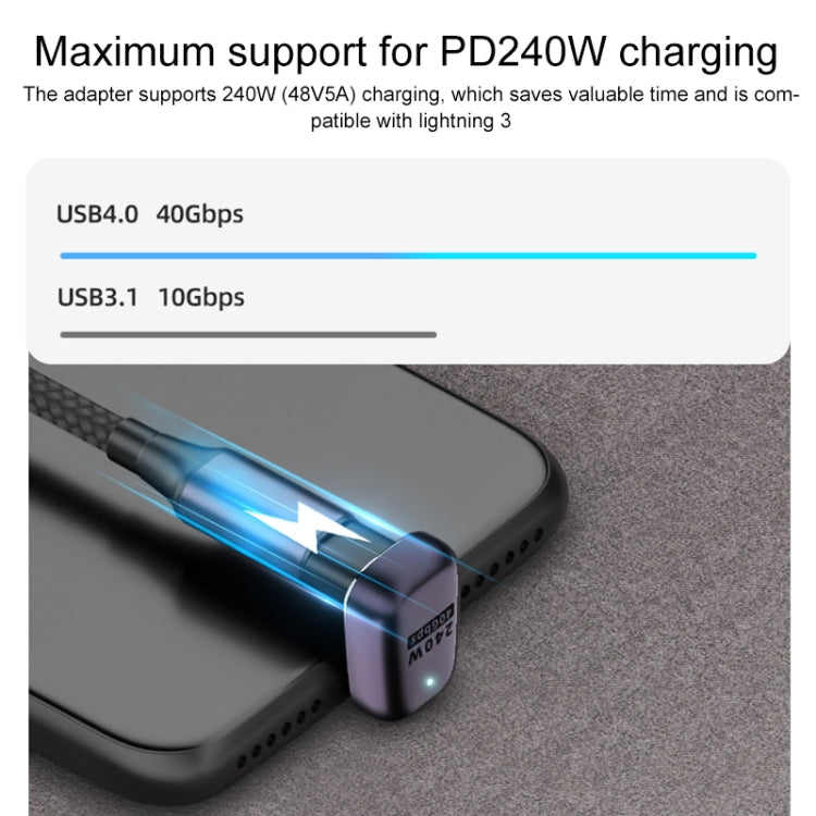 Adaptateur USB-C/Type-C femelle vers USB-C/Type-C mâle 240W 40Gbps coudé moyen avec lumière, adaptateur coudé moyen
