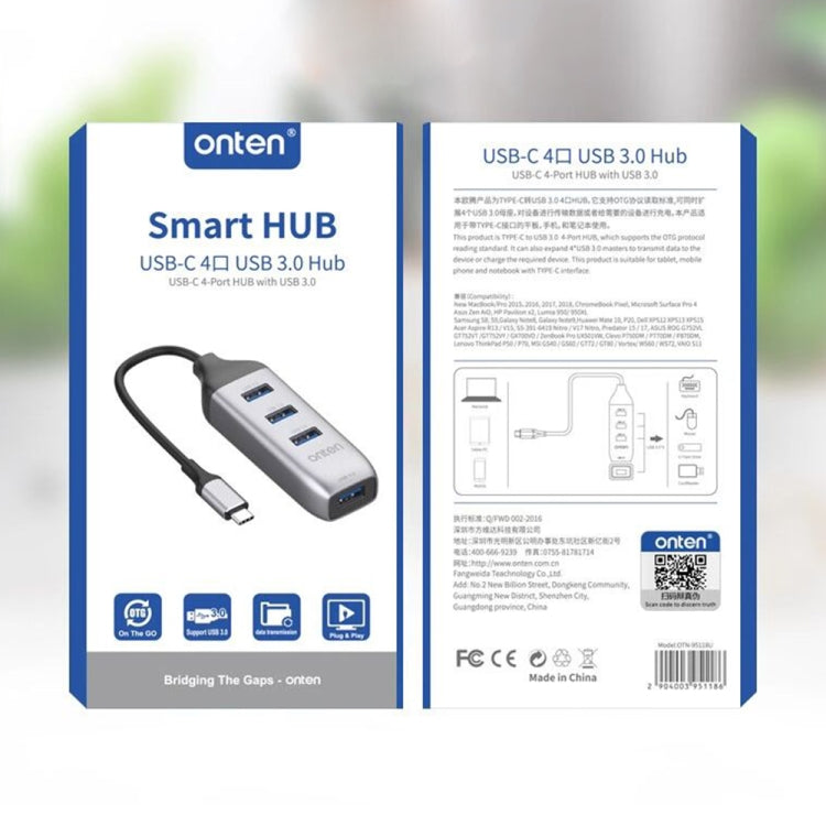 Station d'Accueil Multifonctionnelle Onten 95118U HUB Convertisseur USB-C / Type-C vers 4 Ports USB 3.0 4 en 1, 95118U