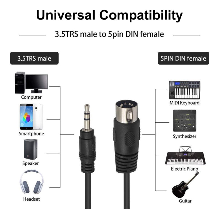 Câble adaptateur audio jack stéréo 3.5mm vers DIN 5 broches MIDI, longueur du câble : 1.5m