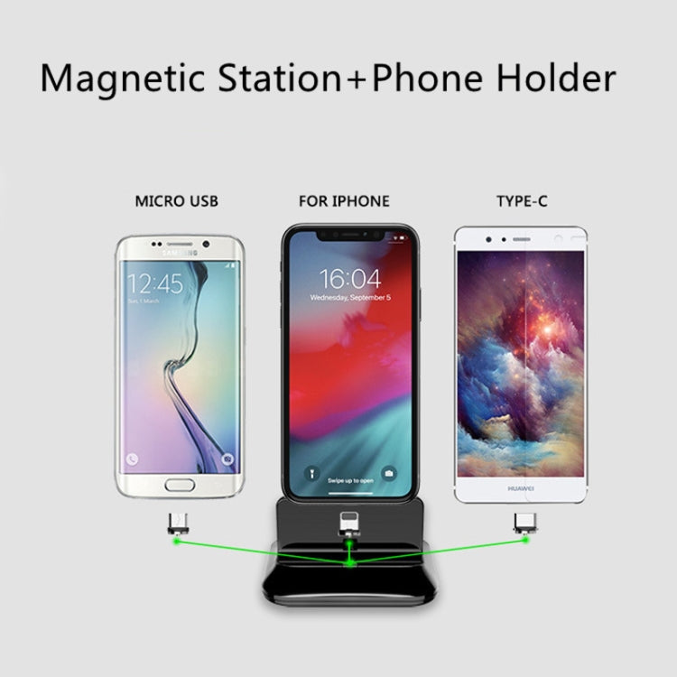 XBX-02 Base de chargement magnétique 3 en 1 avec fiches 8 broches + USB-C / Type-C + Micro USB, XBX-02