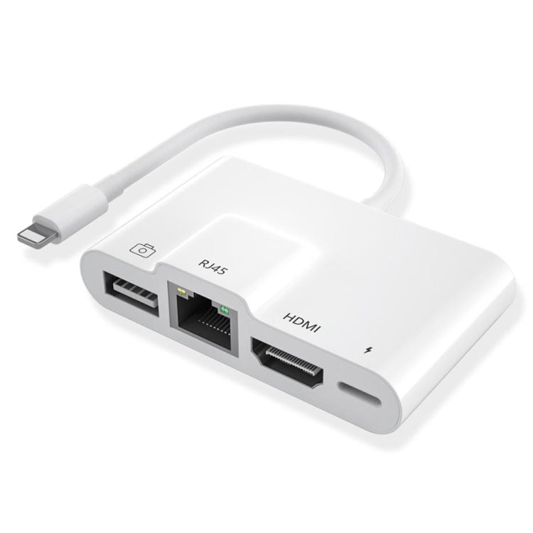 Adaptateur AV numérique OTG 4 en 1 8 broches mâle vers 8 broches alimentation + Ethernet RJ45 + HDMI + USB appareil photo femelle, Ethernet RJ45