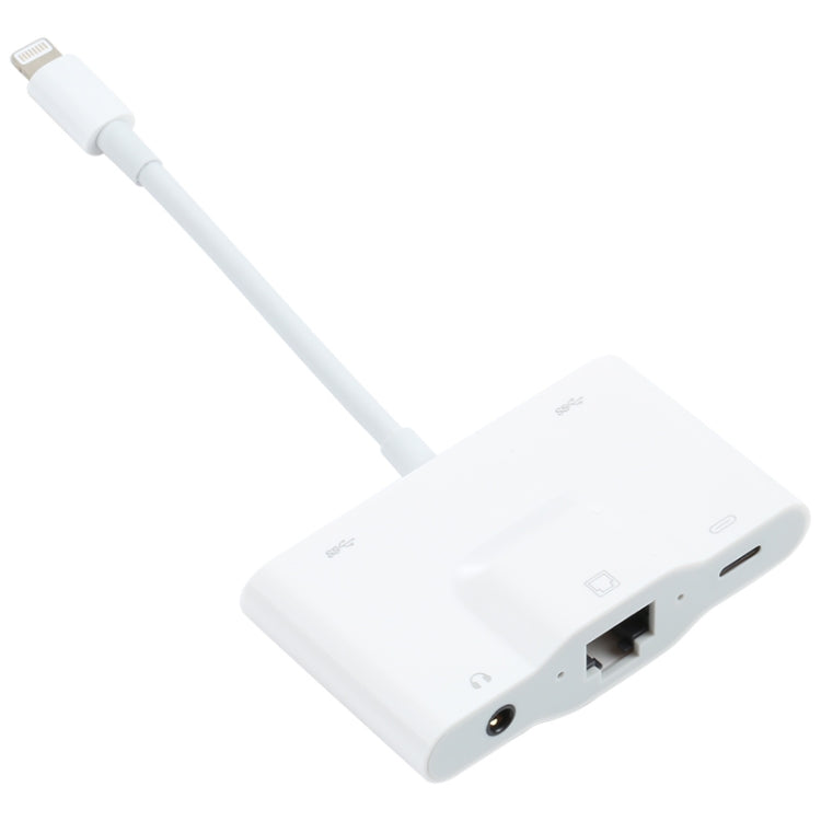 NK-1033 Adaptateur 5 en 1 mâle 8 broches vers double USB + prise auxiliaire 3,5 mm + Ethernet + alimentation femelle 8 broches, NK-1033