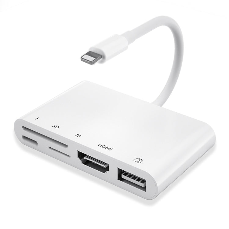 Adaptateur AV numérique OTG 5 en 1 8 broches mâle vers USB + HDMI + fente pour carte TF/SD + 8 broches d'alimentation femelle, fente pour carte TF/SD