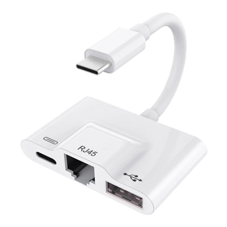 Adaptateur 3 en 1 USB-C / Type-C Mâle vers USB + Ethernet RJ45 100M + Alimentation Type-C Femelle, 3 en 1