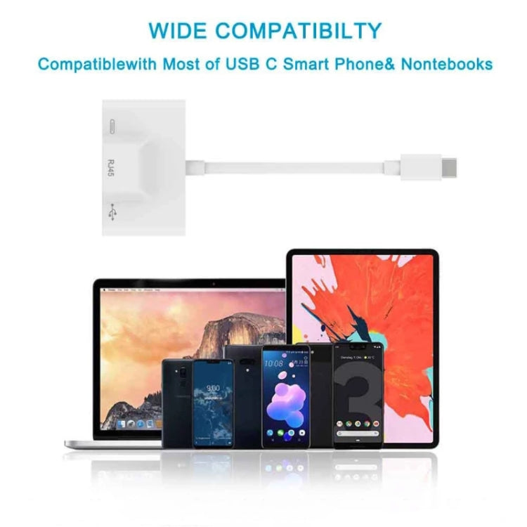 Adaptateur 3 en 1 USB-C / Type-C Mâle vers USB + Ethernet RJ45 100M + Alimentation Type-C Femelle, 3 en 1