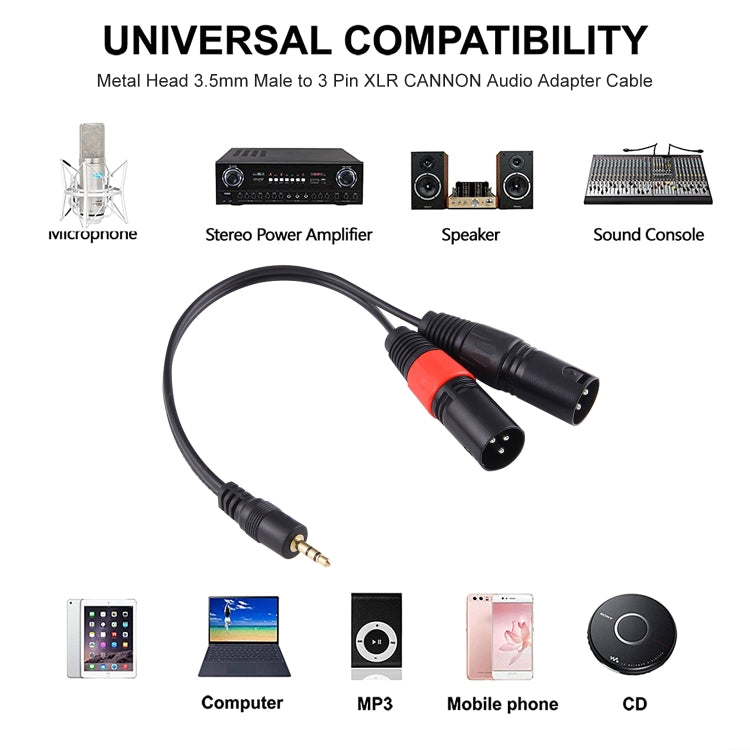 Câble adaptateur audio connecteur mâle 3.5mm vers XLR CANNON mâle 3 broches, tête métallique 30cm, mâle 3.5mm