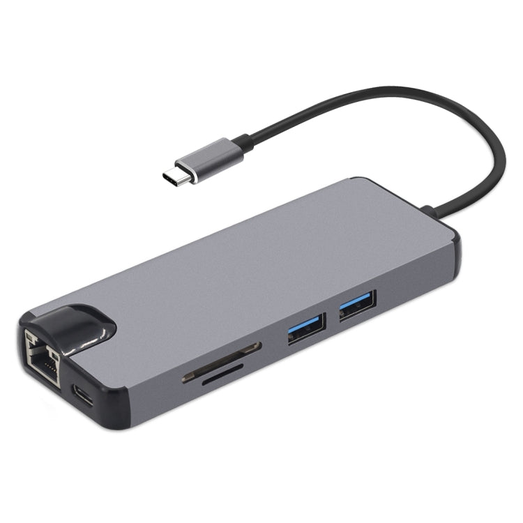 Adaptateur 8 en 1 Type-C vers HDMI + USB 3.0 + USB 3.0 + Type-C + LAN + VGA + lecteur de carte TF/SD