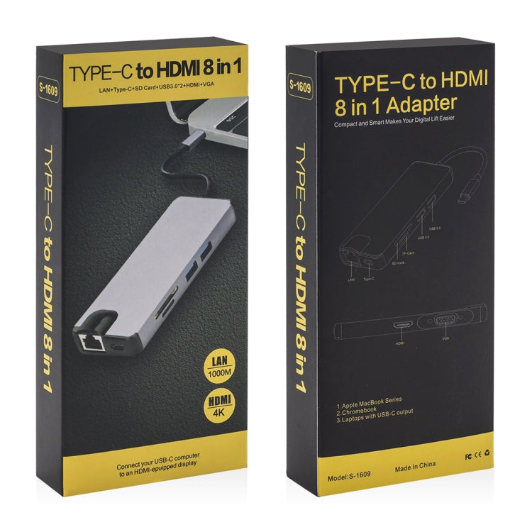 Adaptateur 8 en 1 Type-C vers HDMI + USB 3.0 + USB 3.0 + Type-C + LAN + VGA + lecteur de carte TF/SD