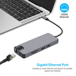Adaptateur 8 en 1 Type-C vers HDMI + USB 3.0 + USB 3.0 + Type-C + LAN + VGA + lecteur de carte TF/SD
