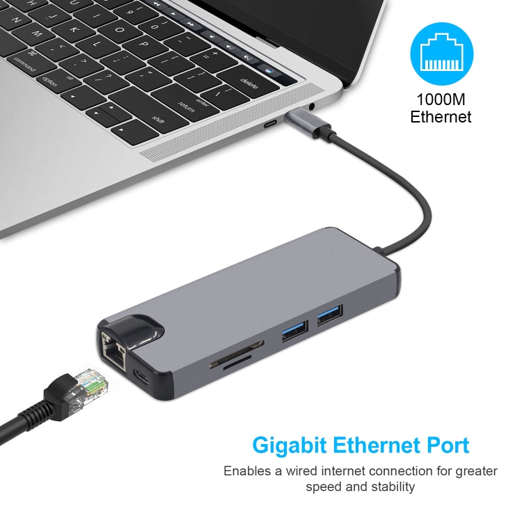 Adaptateur 8 en 1 Type-C vers HDMI + USB 3.0 + USB 3.0 + Type-C + LAN + VGA + lecteur de carte TF/SD