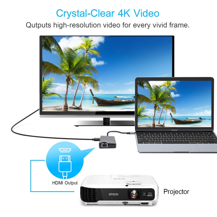Adaptateur 8 en 1 Type-C vers HDMI + USB 3.0 + USB 3.0 + Type-C + LAN + VGA + lecteur de carte TF/SD