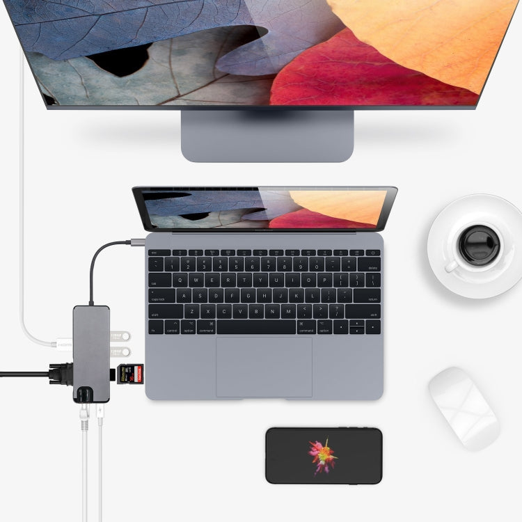 Adaptateur 8 en 1 Type-C vers HDMI + USB 3.0 + USB 3.0 + Type-C + LAN + VGA + lecteur de carte TF/SD
