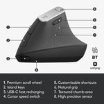 Souris optique verticale ergonomique sans fil Logitech MX Vertical 4000 DPI USB-C / Type-C + Unifying + Bluetooth trois modes, MX Vertical