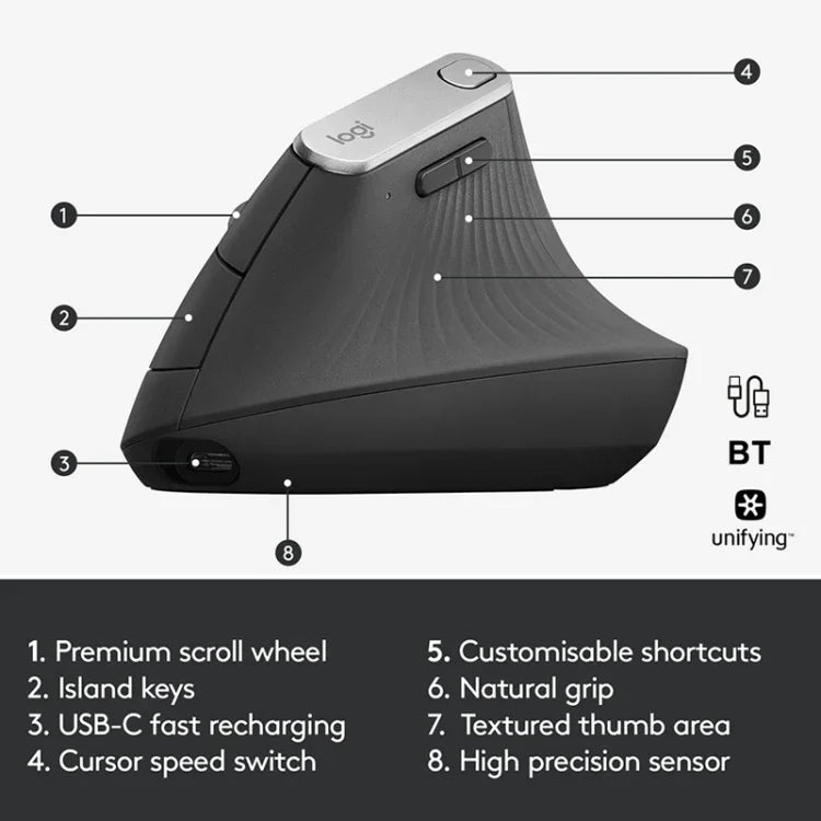 Souris optique verticale ergonomique sans fil Logitech MX Vertical 4000 DPI USB-C / Type-C + Unifying + Bluetooth trois modes, MX Vertical