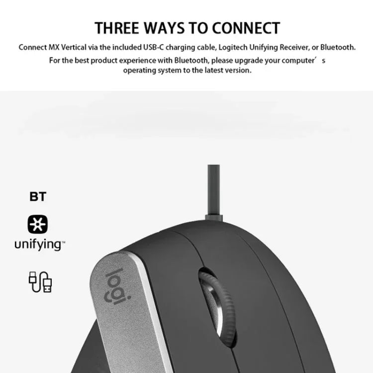 Souris optique verticale ergonomique sans fil Logitech MX Vertical 4000 DPI USB-C / Type-C + Unifying + Bluetooth trois modes, MX Vertical