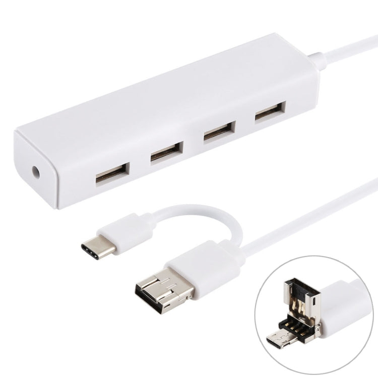 Convertisseur HUB 3 en 1 USB-C / Type-C + Micro USB + 4 ports USB 2.0, longueur du câble : 12 cm, 3 en 1 (blanc), 3 en 1 (noir)