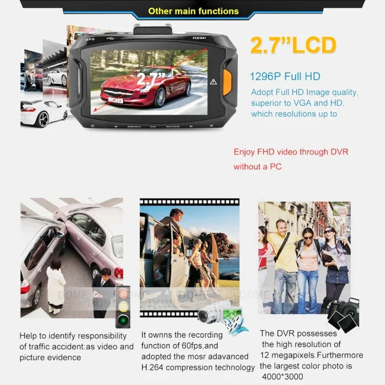 Caméra embarquée GS90C, écran LCD 2,7 pouces, HD 2304 x 1296P, grand angle de vision de 170 degrés, prend en charge la détection de mouvement / carte TF / G-Sensor / HDMI, GS90C
