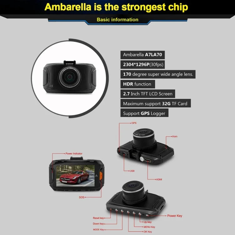Caméra embarquée GS90C, écran LCD 2,7 pouces, HD 2304 x 1296P, grand angle de vision de 170 degrés, prend en charge la détection de mouvement / carte TF / G-Sensor / HDMI, GS90C