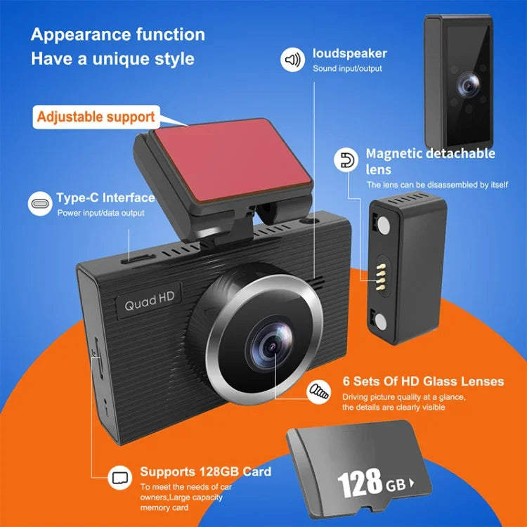 X12 Enregistreur de Conduite Voiture WiFi Ultra HD 2K Panoramique Triple Enregistrement Support APP Mobile, X12