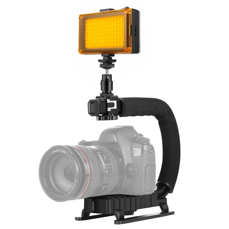 Kit de stabilisation portable PULUZ en forme de U pour caméscopes (DV) avec support et éclairage LED, comprenant une tête de trépied à griffe et un support pour tous les appareils photo reflex et caméscopes domestiques.