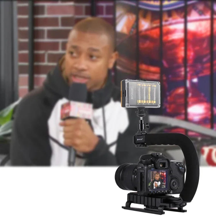 Kit de stabilisation portable PULUZ en forme de U pour caméscopes (DV) avec support et éclairage LED, comprenant une tête de trépied à griffe et un support pour tous les appareils photo reflex et caméscopes domestiques.