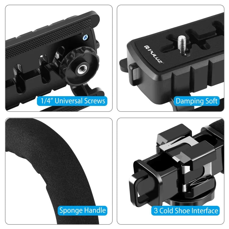 Kit de stabilisation portable PULUZ en forme de U pour caméscopes (DV) avec support et éclairage LED, comprenant une tête de trépied à griffe et un support pour tous les appareils photo reflex et caméscopes domestiques.