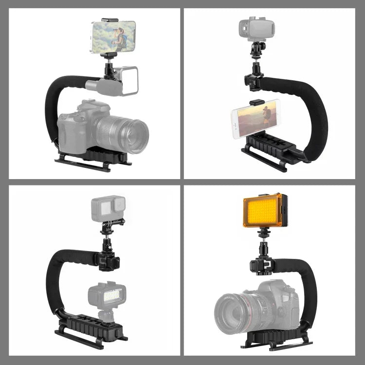 Kit de stabilisation portable PULUZ en forme de U pour caméscopes (DV) avec support et éclairage LED, comprenant une tête de trépied à griffe et un support pour tous les appareils photo reflex et caméscopes domestiques.