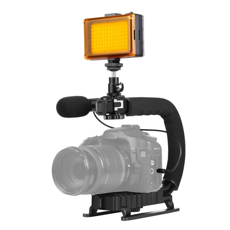 Kit de stabilisateur portable PULUZ en forme de U pour caméscopes, comprenant un support, un éclairage LED de studio, un microphone canon et une tête de trépied à griffe, compatible avec tous les appareils photo reflex et caméscopes domestiques.