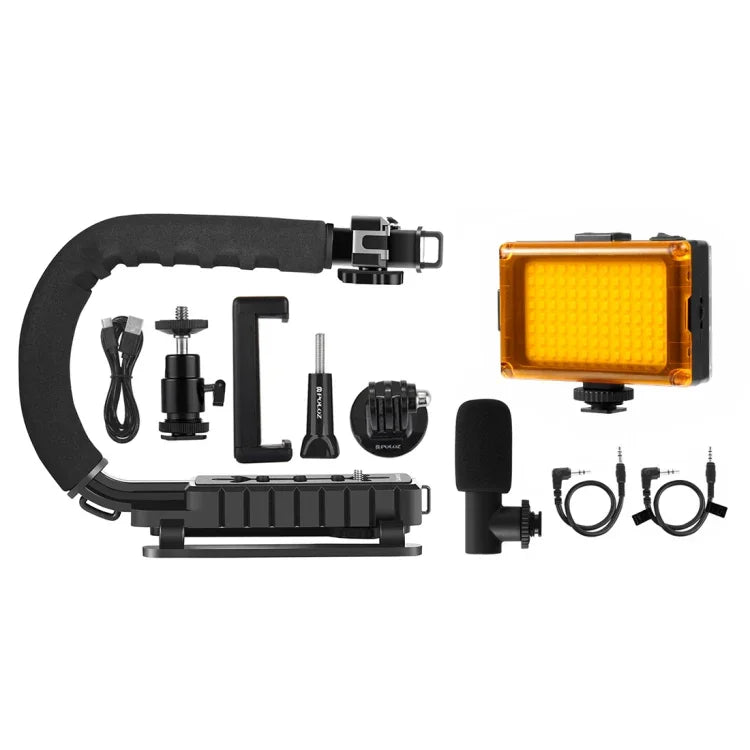 Kit de stabilisateur portable PULUZ en forme de U pour caméscopes, comprenant un support, un éclairage LED de studio, un microphone canon et une tête de trépied à griffe, compatible avec tous les appareils photo reflex et caméscopes domestiques.