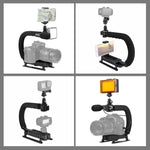 Kit de stabilisateur portable PULUZ en forme de U pour caméscopes, comprenant un support, un éclairage LED de studio, un microphone canon et une tête de trépied à griffe, compatible avec tous les appareils photo reflex et caméscopes domestiques.