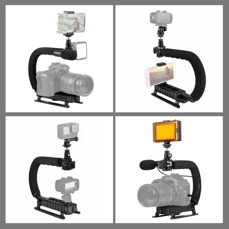 Kit de stabilisateur portable PULUZ en forme de U pour caméscopes, comprenant un support, un éclairage LED de studio, un microphone canon et une tête de trépied à griffe, compatible avec tous les appareils photo reflex et caméscopes domestiques.