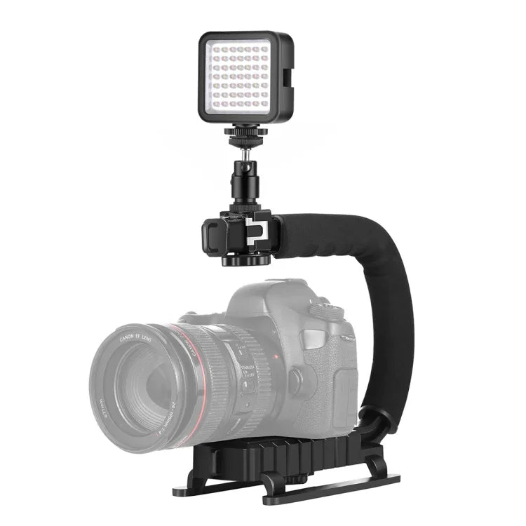 Kit de stabilisation portable PULUZ en forme de U/C pour caméscopes DV + éclairage LED d'appoint avec tête de trépied à griffe pour tous les appareils photo reflex et caméscopes domestiques, support en forme de C + éclairage d'appoint