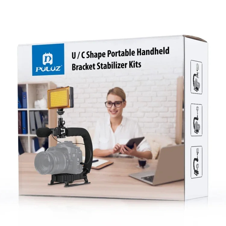 Kit de stabilisation portable PULUZ en forme de U/C pour caméscopes DV + éclairage LED d'appoint avec tête de trépied à griffe pour tous les appareils photo reflex et caméscopes domestiques, support en forme de C + éclairage d'appoint