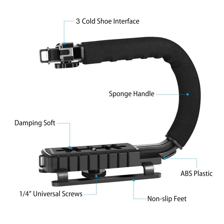 Kit de stabilisation portable PULUZ en forme de U/C pour caméscopes DV + éclairage LED d'appoint avec tête de trépied à griffe pour tous les appareils photo reflex et caméscopes domestiques, support en forme de C + éclairage d'appoint