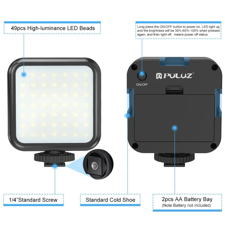 Kit de stabilisation portable PULUZ en forme de U/C pour caméscopes DV + éclairage LED d'appoint avec tête de trépied à griffe pour tous les appareils photo reflex et caméscopes domestiques, support en forme de C + éclairage d'appoint