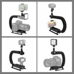 Kit de stabilisation portable PULUZ en forme de U/C pour caméscopes DV + éclairage LED d'appoint avec tête de trépied à griffe pour tous les appareils photo reflex et caméscopes domestiques, support en forme de C + éclairage d'appoint